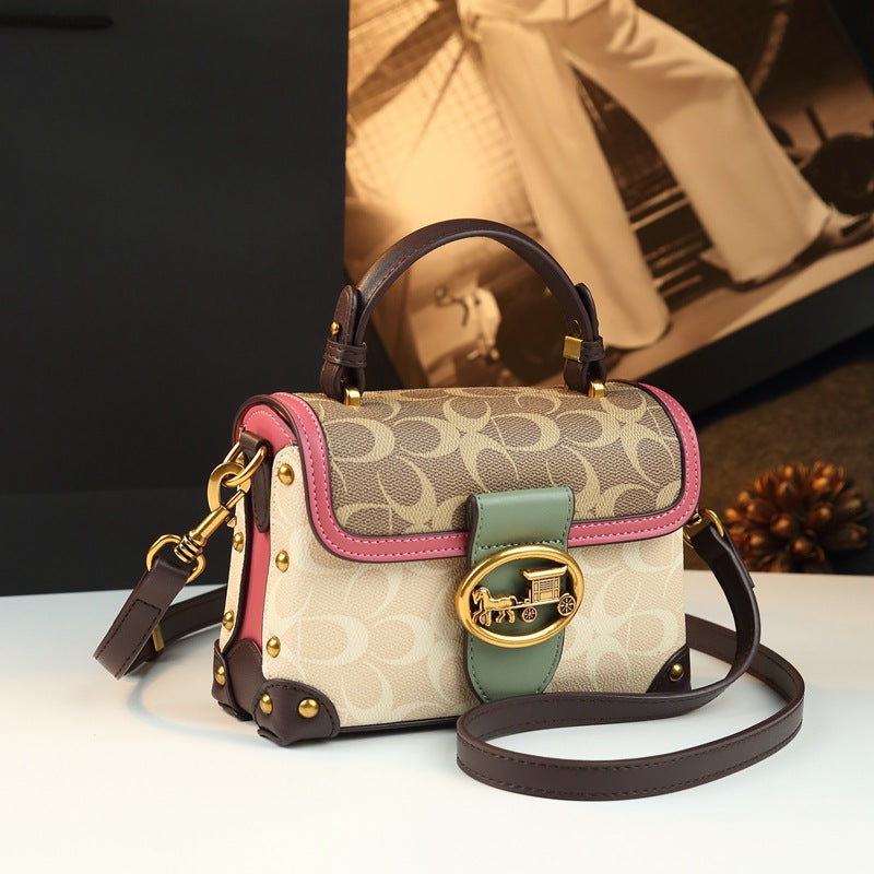 Leather Small Square Bag for Women, Fashionable Magenta Color, Handheld Mini Bag, Elegant and Stylish, Shoulder Crossbody Bag