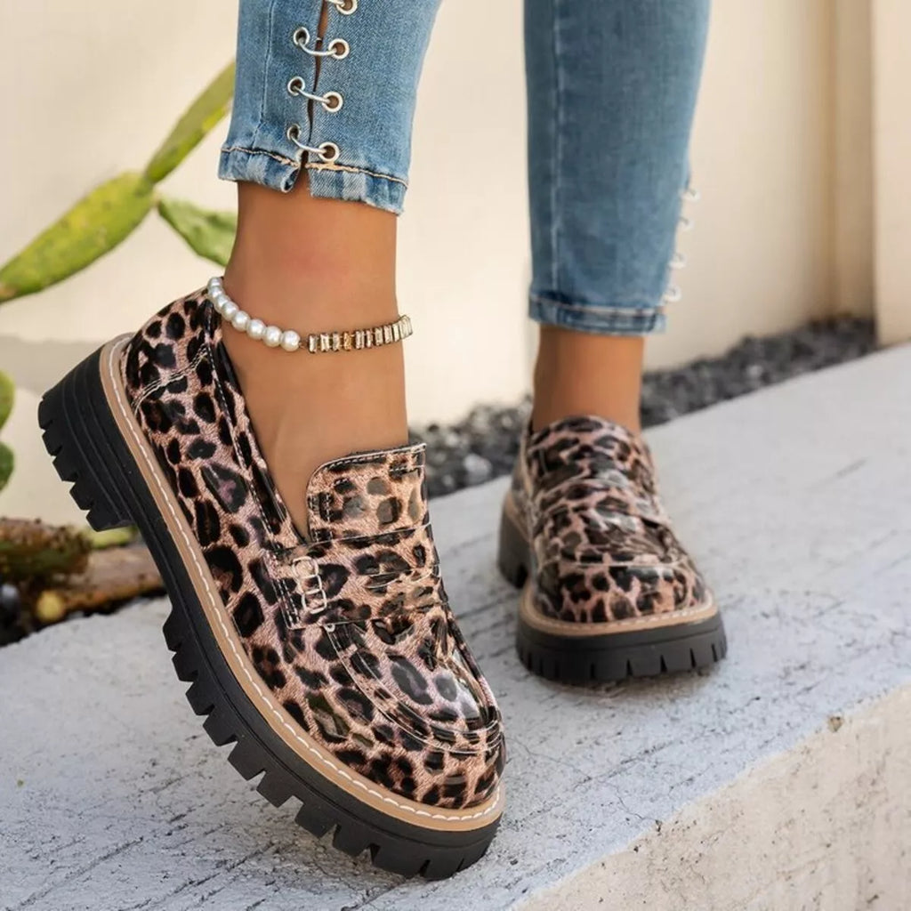 Shopimist round toe platform loafers with chunky heels and sleek leather finish, perfect for stylish, comfortable wear.