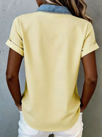 Plush Fashion Hub denim trim short sleeve shirt with button front and chest pockets, casual tops for men or women.