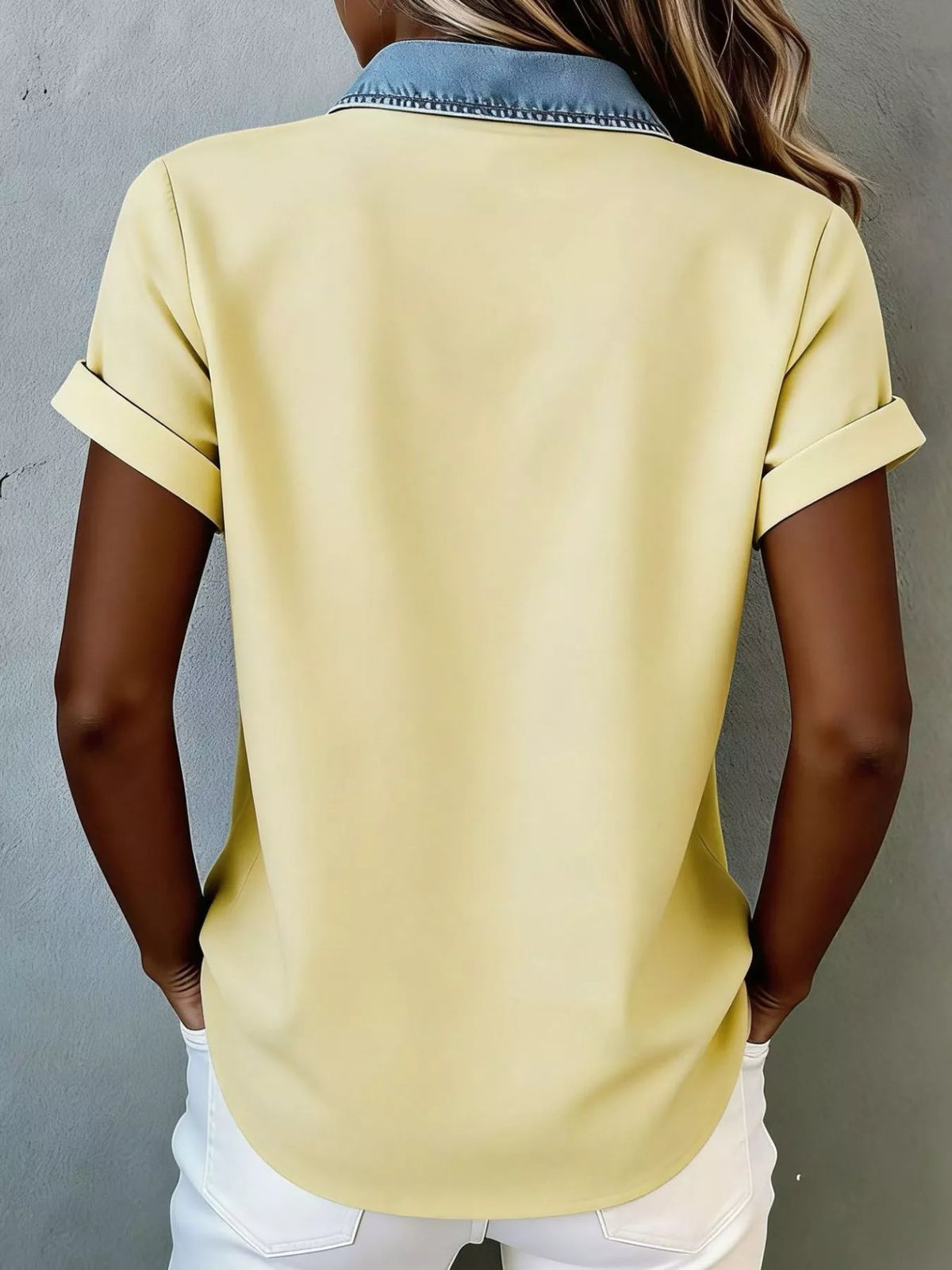Plush Fashion Hub denim trim short sleeve shirt with button front and chest pockets, casual tops for men or women.