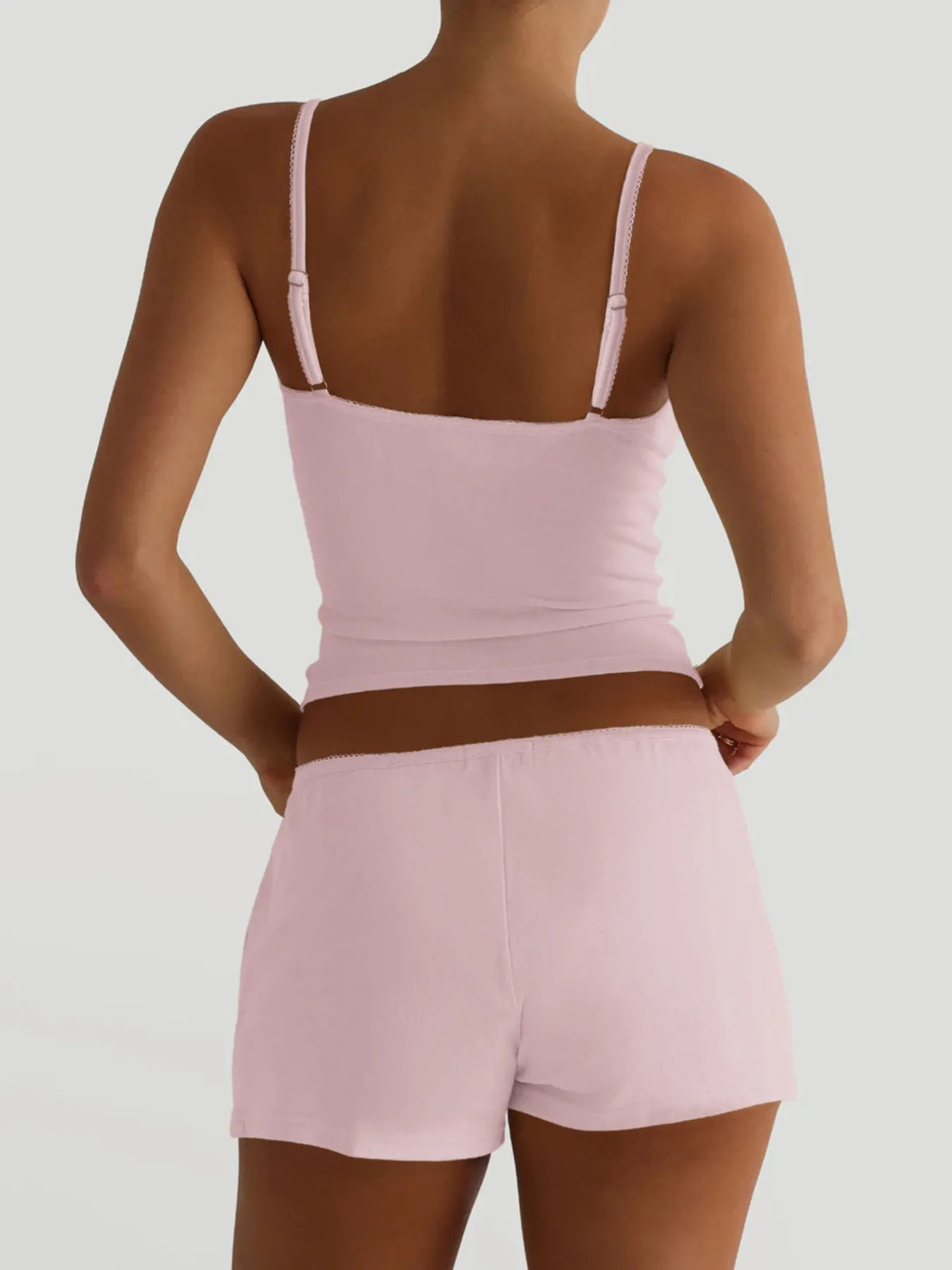 Plush Fashion Hub plush V-neck active wear cami and matching shorts set, soft fabric, perfect for workout or casual lounging.
