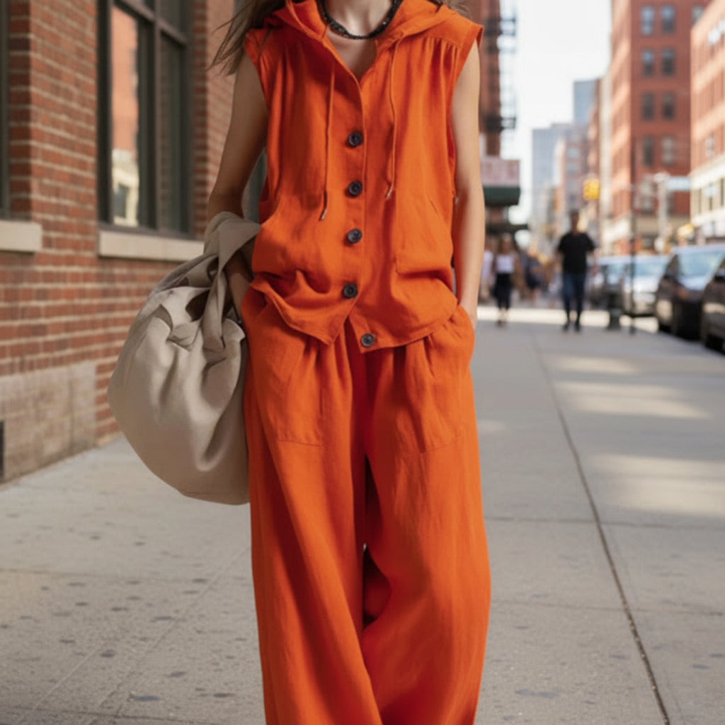 FitiqueFit sleeveless hooded top and wide-leg pants set, high-waist casualwear, displayed in a stylish two-piece outfit.