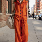 FitiqueFit sleeveless hooded top and wide-leg pants set, high-waist casualwear, displayed in a stylish two-piece outfit.
