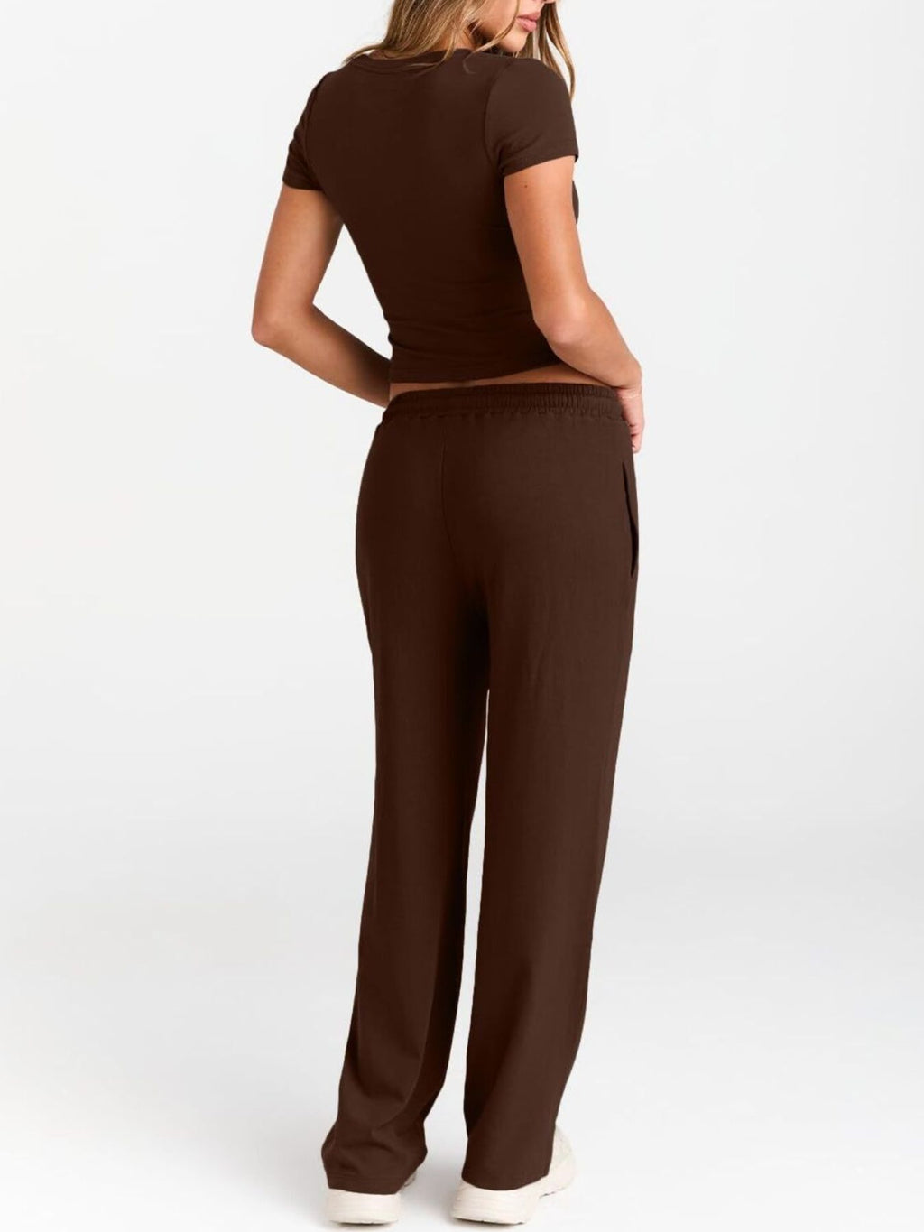 Women's round neck short sleeve T-shirt and drawstring lounge set, casual 2-piece outfit from Trendsi, shown laid flat.
