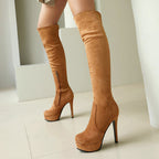 FitiqueFit suede elastic over-the-knee high heel riding boots for women, showing the sleek brown boots with pointed toes and tall heels.
