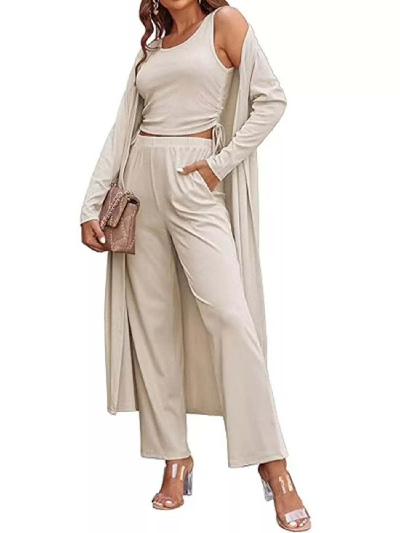 Trendsi loungewear set featuring a round neck tank top, cardigan, and matching pants, all in a comfortable, casual style.