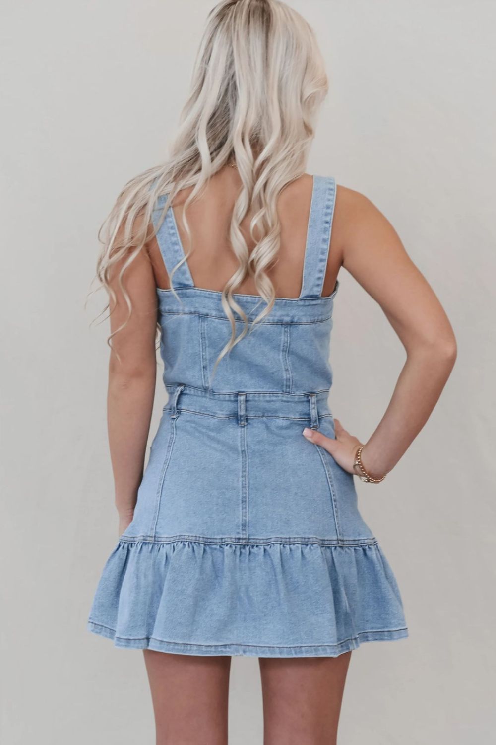 VYSN denim dress with ruffled hem, button front, and square neckline, stylish casual clothing for women.