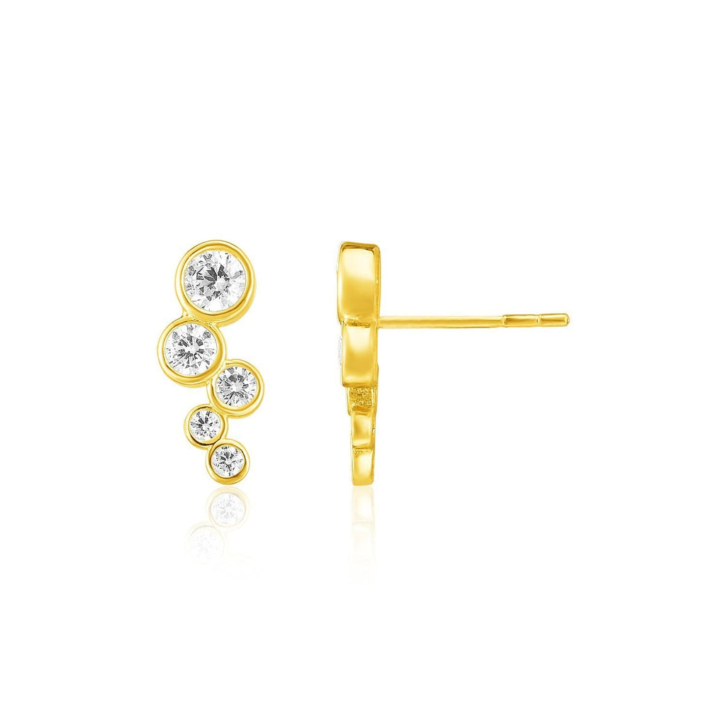 14k yellow gold climber post earrings with circular designs and cubic zirconia accents, showcasing elegant jewelry craftsmanship.