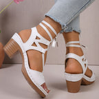 Women's lace-up block heel sandals with strappy design and mid-height heel, stylish shoes by Trendsi.