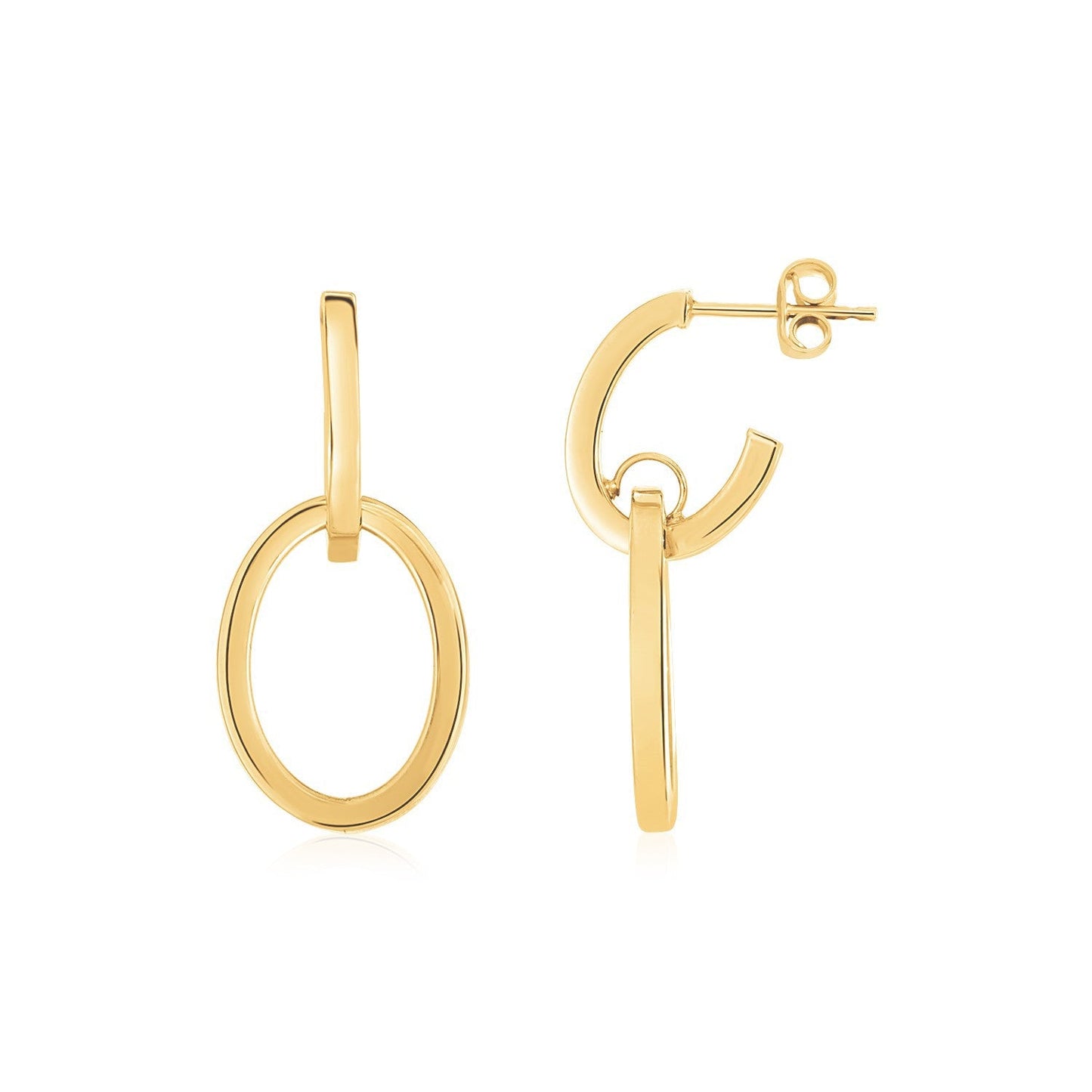 14K yellow gold interlocking drop hoop earrings with a polished finish, showcasing elegant jewelry style.