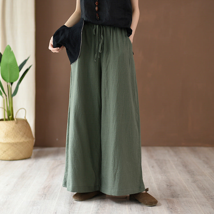 Bella Mia women's cotton linen yoga pants in stone-washed, wide-leg style, perfect for casual spring and summer wear.