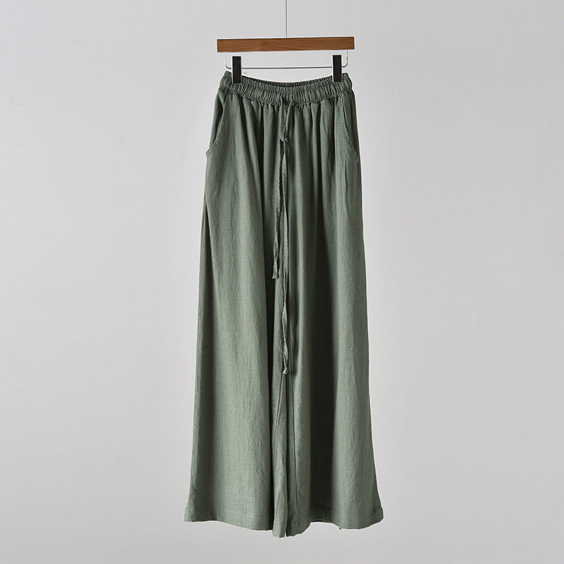 Artistic stone-washed cotton linen women’s yoga pants by Bella Mia, wide-leg casual summer and spring linen pants.