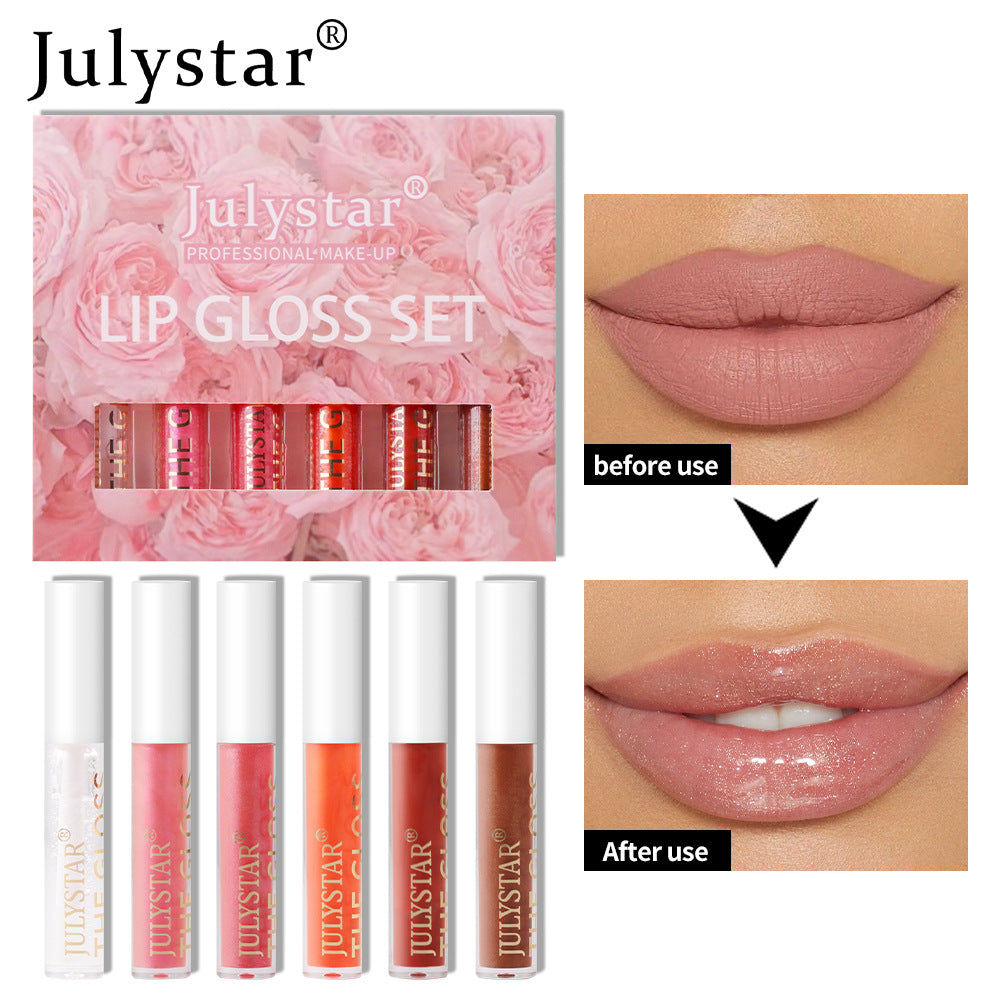 Julystar lip gloss set in a pink rose box, with 6 clear-tube glosses in various shades and lip application before/after.