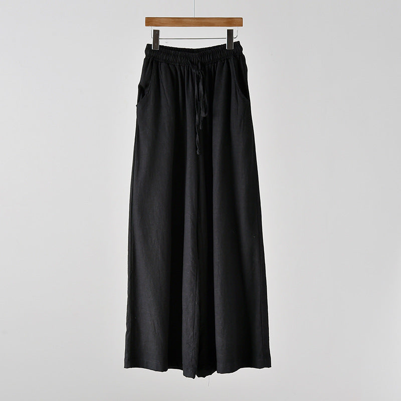 Women’s cotton linen yoga pants by Bella Mia featuring artistic stone wash, wide-leg style, perfect for casual spring and summer wear.