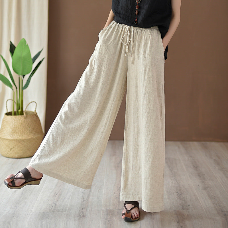 Bella Mia women's cotton linen yoga pants, artistic stone-washed wide-leg casual pants for spring and summer wear.