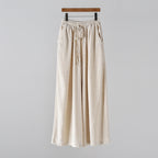 Bella Mia cotton linen women’s yoga pants with wide legs, stone washed for a casual, artistic spring-summer look.