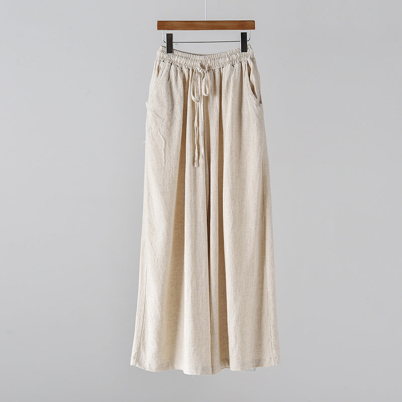 Bella Mia cotton linen women’s yoga pants with wide legs, stone washed for a casual, artistic spring-summer look.