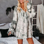Spring tie-dye printed long-sleeve V-neck sweatshirt for women, loose casual style from Wanita Store, vibrant tie-dye pattern.