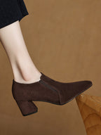 Women's suede pointed toe chunky heel pumps with deep vamp and low heel from Plush Fashion Hub, showcasing stylish footwear.