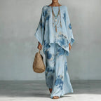 Floral print bamboo linen two-piece set with wide-leg pants by FitiqueFit, featuring a matching top and relaxed-fit bottoms.