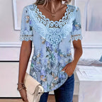 Women's lace patchwork crew neck short sleeve T-shirt by FitiqueFit, featuring casual lace details and comfortable fit.