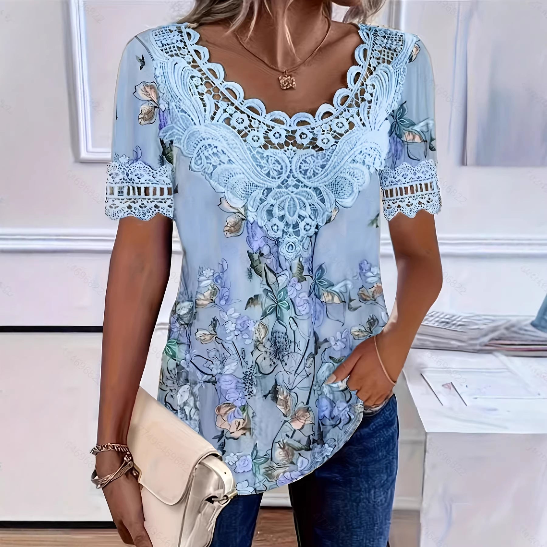 Women's lace patchwork crew neck short sleeve T-shirt by FitiqueFit, featuring casual lace details and comfortable fit.