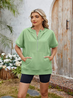 Gray half zip short sleeve hooded top from Trendsi featuring a front zipper and casual fit, ideal for layering and active wear.