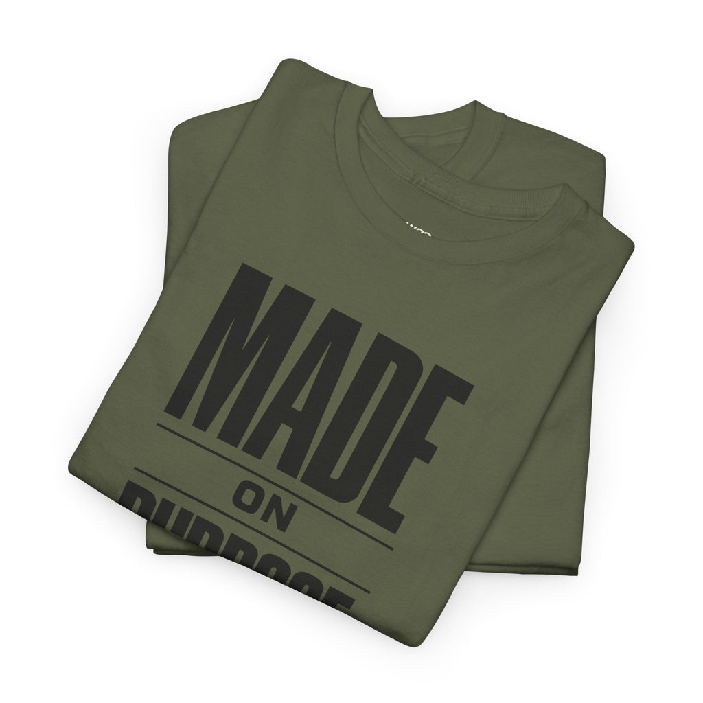 Wear Your Worship Made on Purpose streetwear graphic T-shirt featuring bold minimal statement design, faith-inspired unisex apparel.