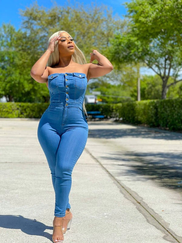 Slim fit denim tube top jumpsuit for women, casual and stylish, by Plush Fashion Hub, featuring a fitted sleeveless design.