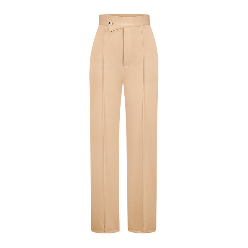 Women’s casual wide-leg bootcut pants in neutral fabric, perfect for autumn office wear, styled with fashionable all-matching footwear.