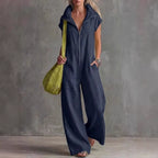 Women’s linen-look sleeveless jumpsuit with pockets by FitiqueFit, featuring a relaxed fit and casual style.