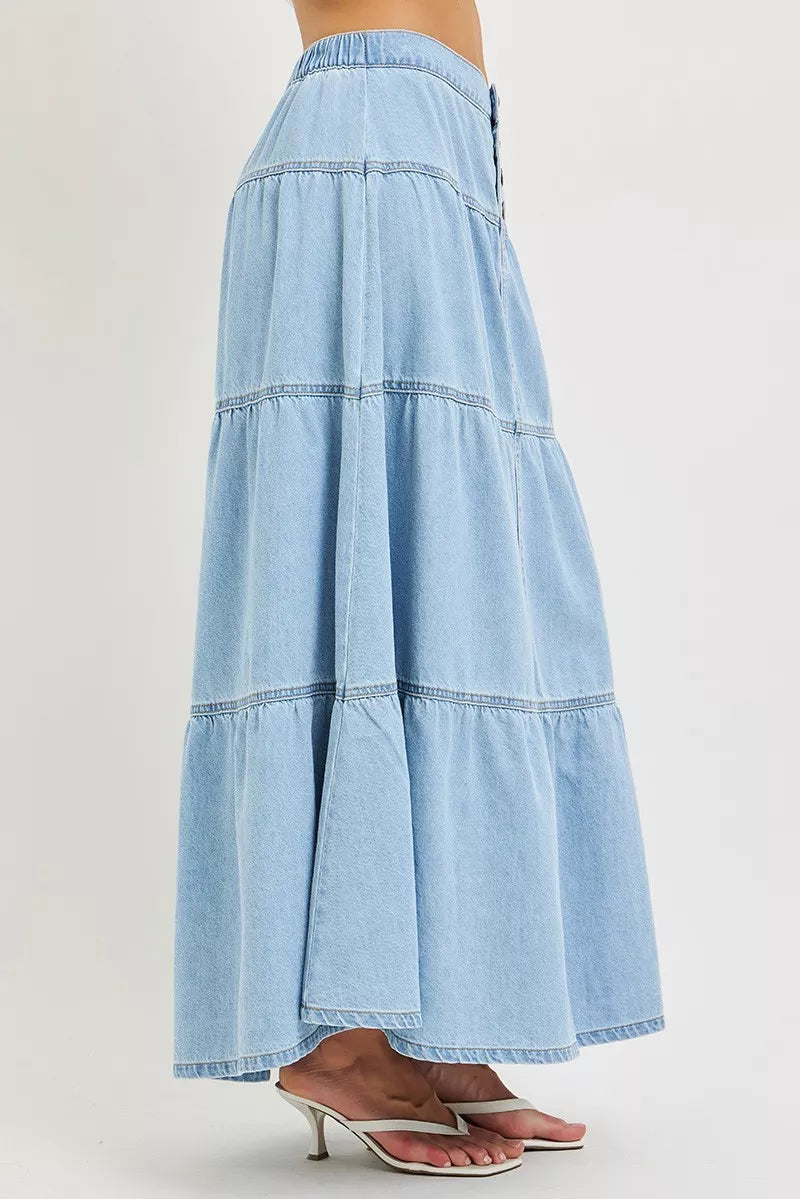 Plush Fashion Hub RISEN high rise ruffle long skirt in flowing fabric, featuring a stylish ruffled hem and elegant design.