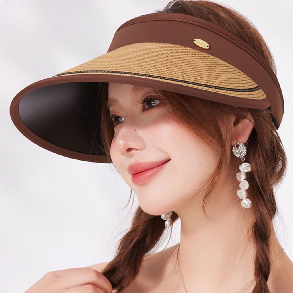 Women's wide brim straw visor hat by Trendsi, breathable UV sun protection accessory, showing a stylish straw hat with a wide brim.