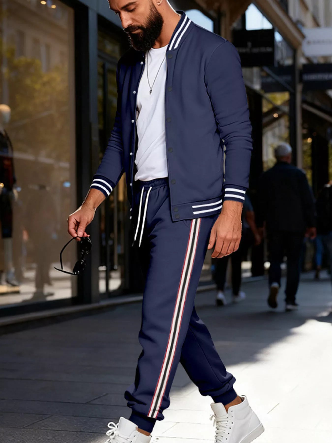 Men's plus size striped snap-down top and pants set by Trendsi, featuring a coordinated full-size shirt and matching pants.