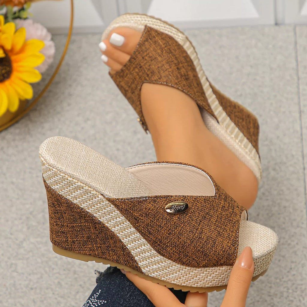 Shopimist peep toe wedge sandals with beige straps and cork heels, perfect for summer casual wear.