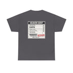 Heaven Sent Christian T-Shirt by Wear Your Worship featuring faith-based graphic design and back label detail.