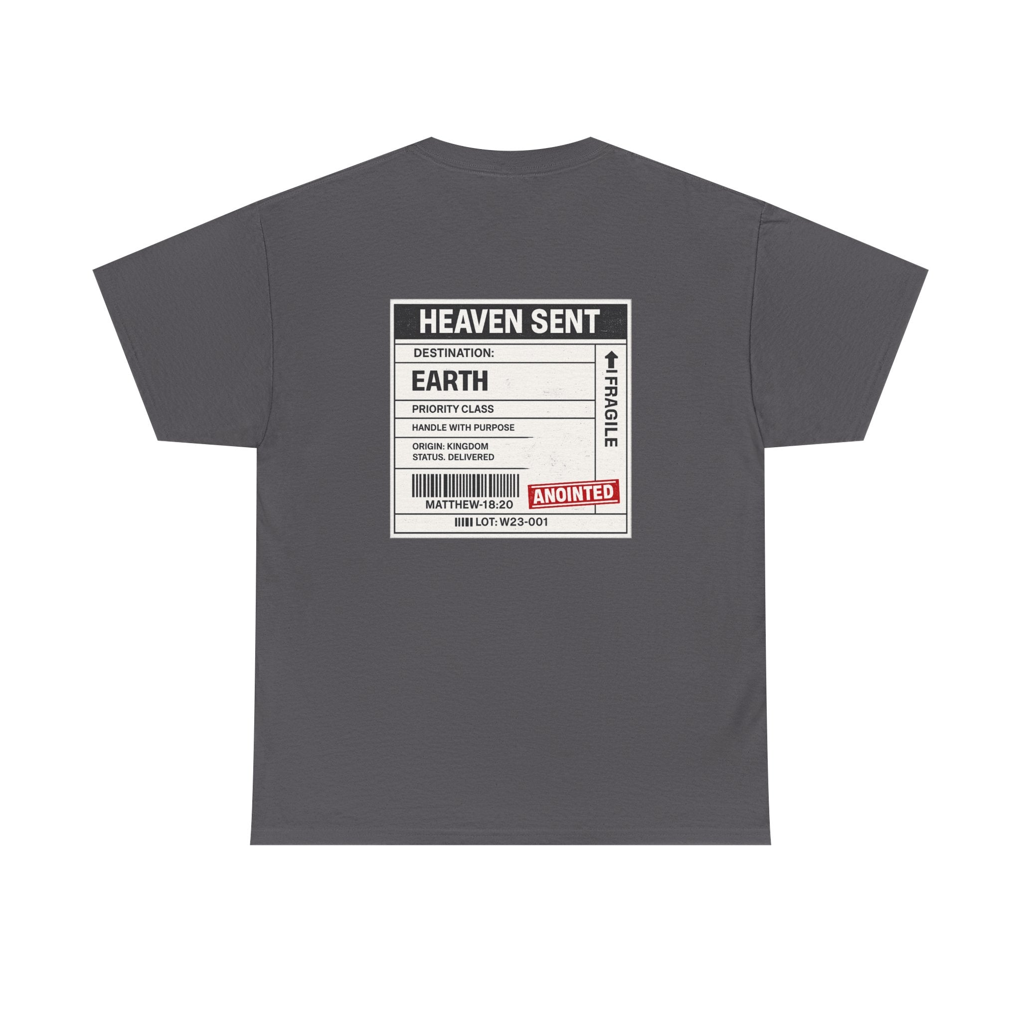 Heaven Sent Christian T-Shirt by Wear Your Worship featuring faith-based graphic design and back label detail.