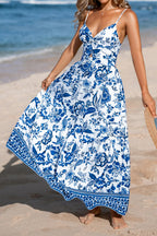 Floral print twisted front backless maxi dress with cutout details, stylish and flowy, ideal for summer occasions.