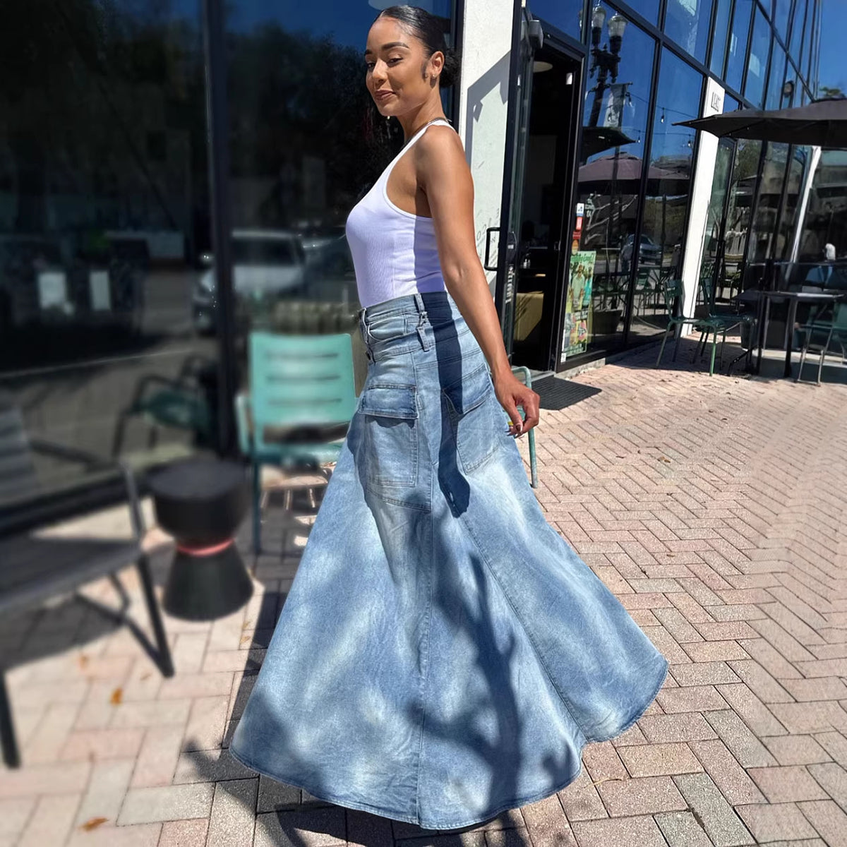 Women’s faux two-piece denim pants skirt with a street fashion style, featuring a symmetrical slit and casual fit.