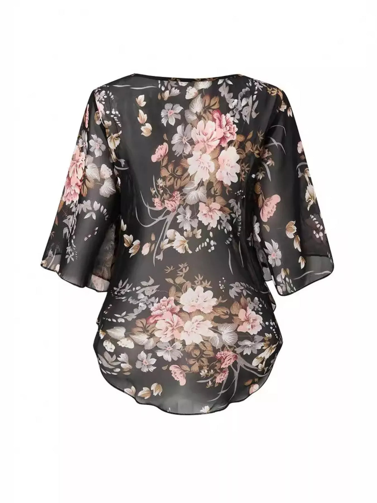Plush Fashion Hub sheer floral print round neck blouse with lightweight fabric and elegant design.