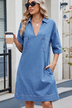 VYSN Johnny Collar half sleeve denim dress with front pockets, casual style, and fitted silhouette, displayed on a hanger.