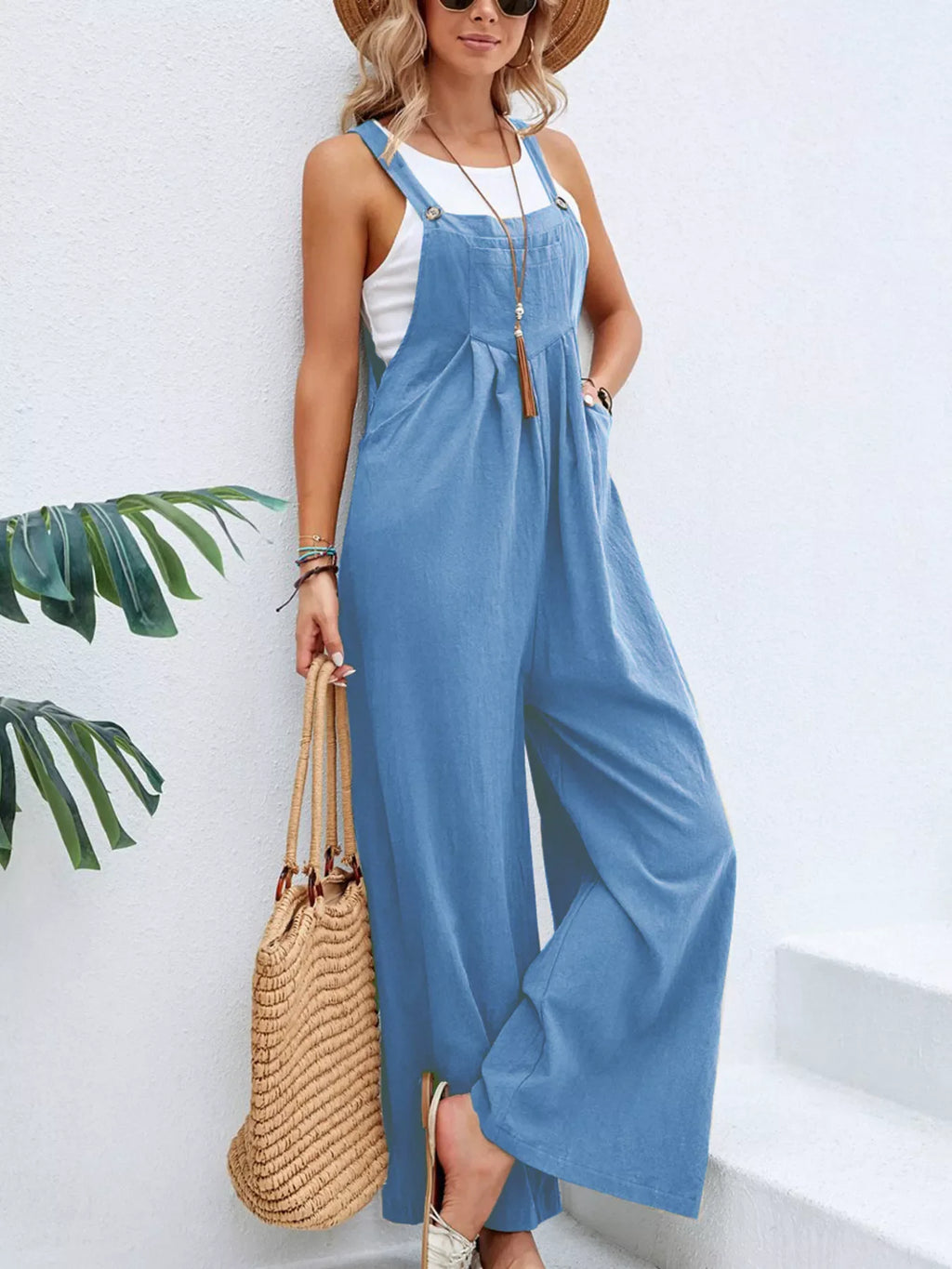 Full size casual wide-leg jumpsuit with pockets by Shopimist, featuring a relaxed fit and stylish design in plus size.
