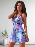 Women's high-neck tankini swimsuit with adjustable straps, plus size swimwear by FitiqueFit, shown on a model.
