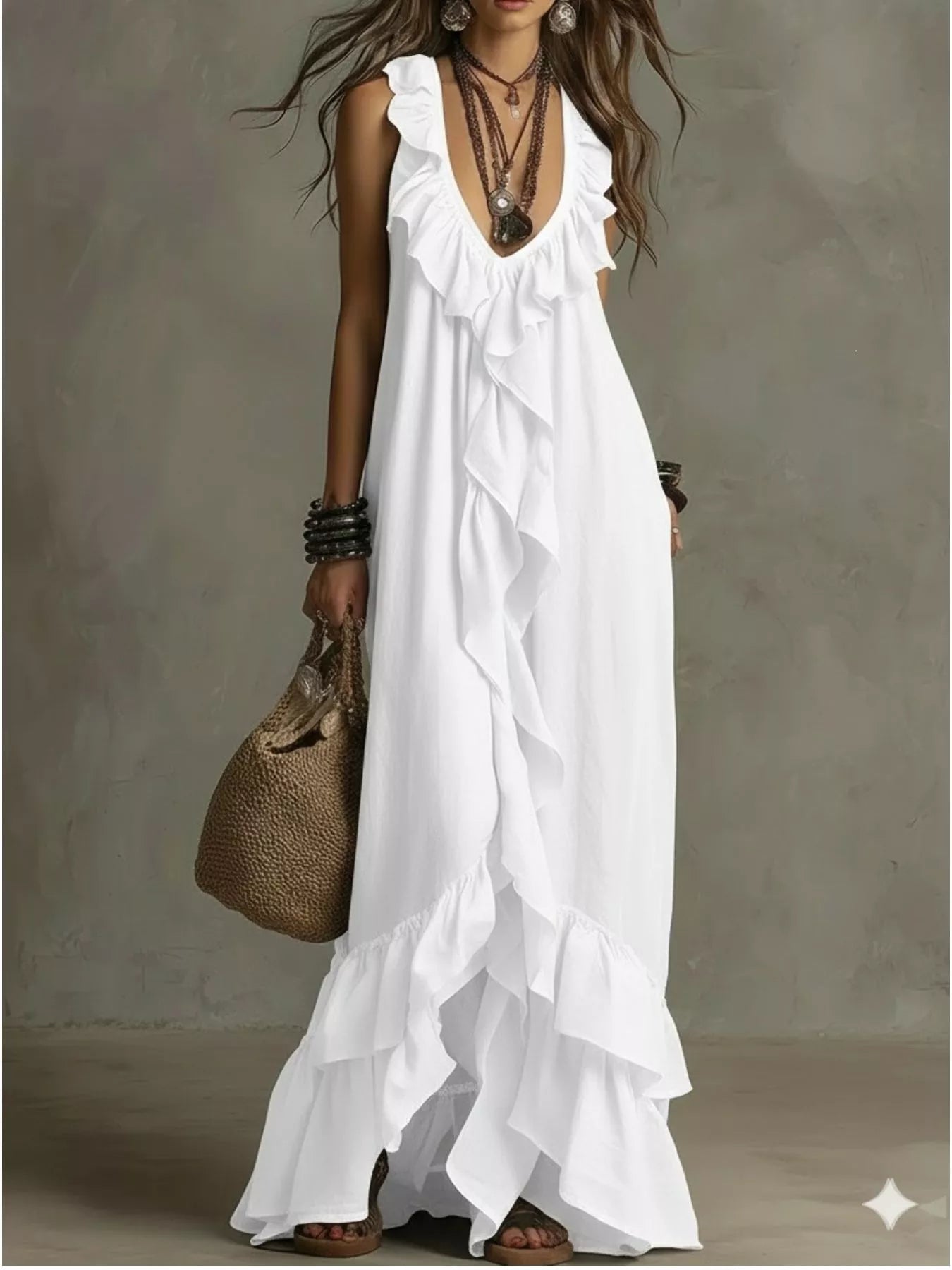 Shopimist ruffled sleeveless maxi dress with flowing fabric and tiered design, perfect for summer or formal occasions.