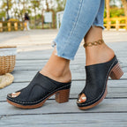 Women's chic peep toe block heel sandals with comfortable mid-heel design, stylish dress shoes from Trendsi, featuring elegant open toes.