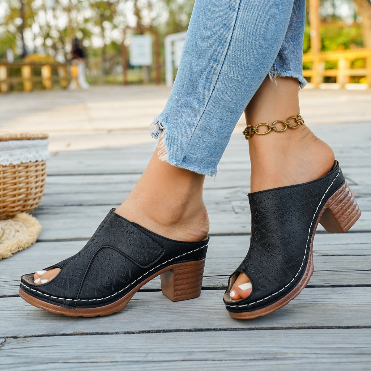 Women's chic peep toe block heel sandals with comfortable mid-heel design, stylish dress shoes from Trendsi, featuring elegant open toes.