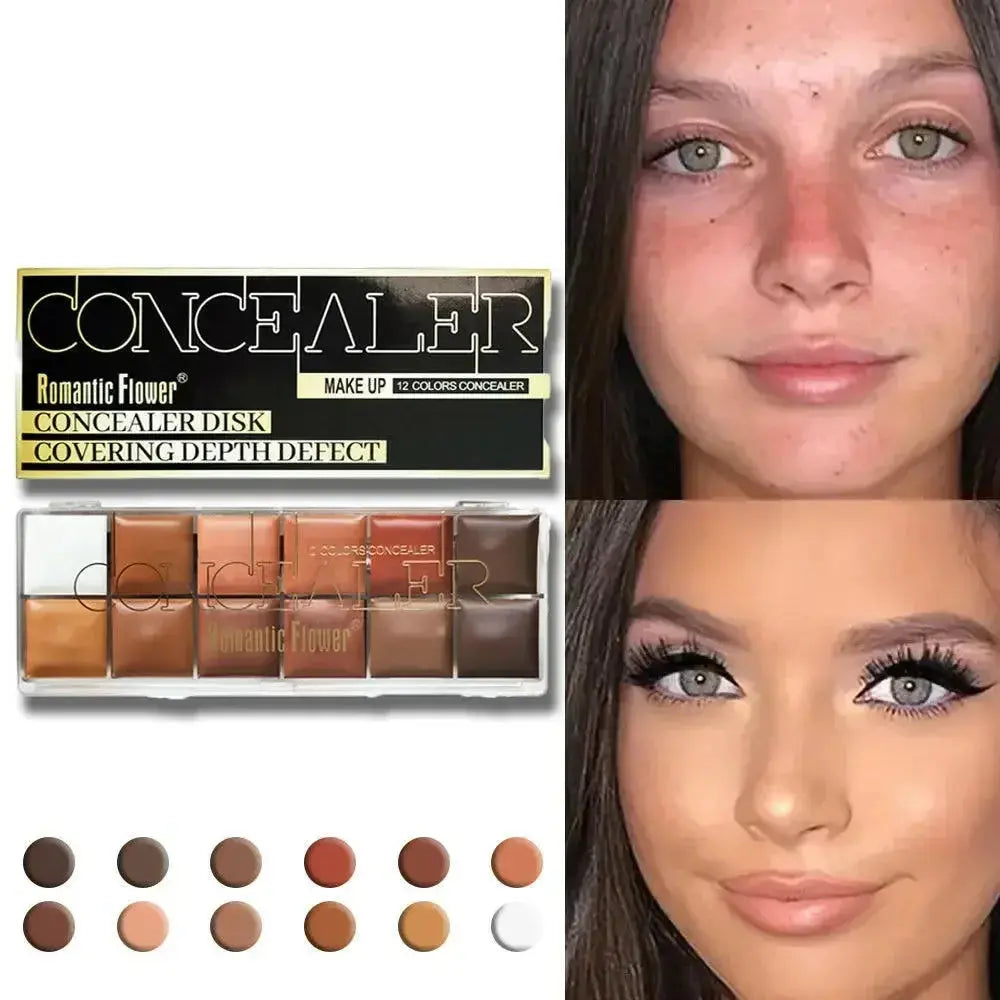 12-color waterproof concealer and foundation palette by Plush Fashion Hub with full coverage for dark skin tones.