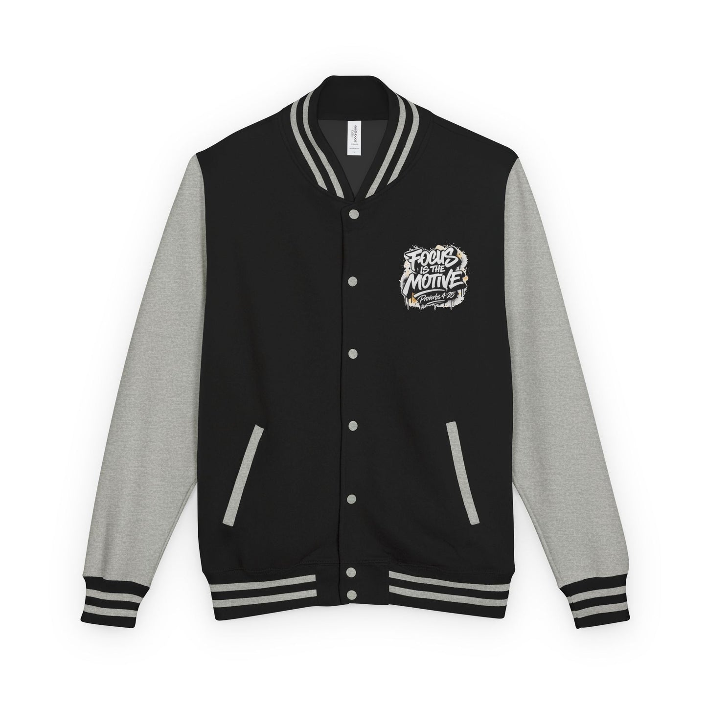 Wear Your Worship varsity jacket with Proverbs 4:25 motivational quote, featuring a classic letterman style and bold embroidery.