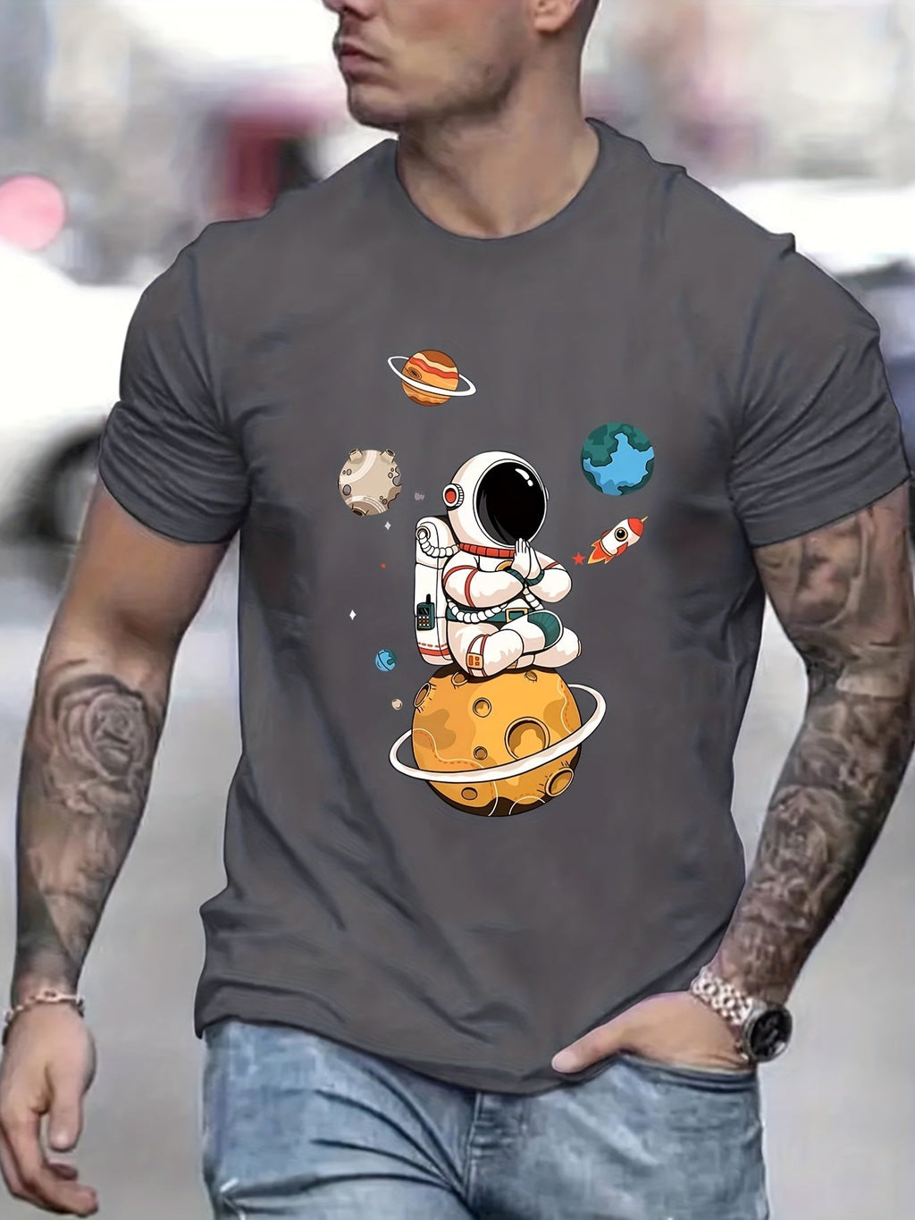 Men’s streetwear Astronaut graphic shirt from Plush Fashion Hub featuring a bold space-themed design on soft fabric.