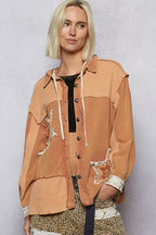 POL Button Down Hooded Jacket with Star Patch Pattern
